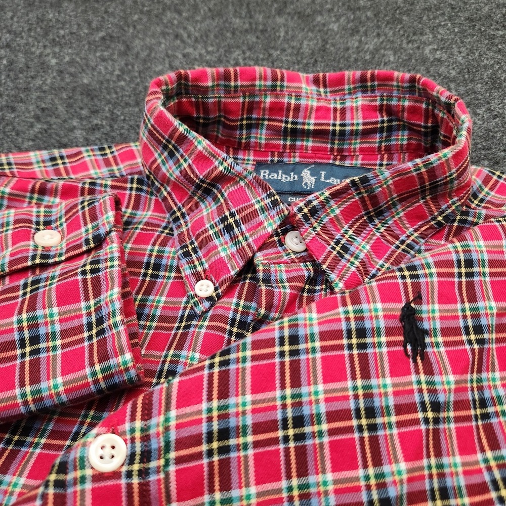 Ralph Lauren Mens Medium Red Plaid Custom Fit Button Down Shirt Black Pony